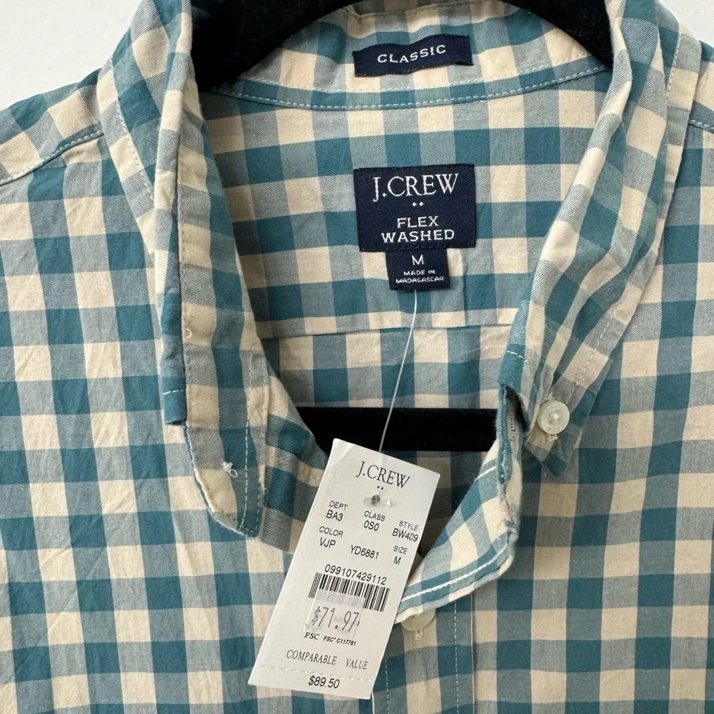 J. Crew Men’s Teal and White Gingham Button-Down Shirt